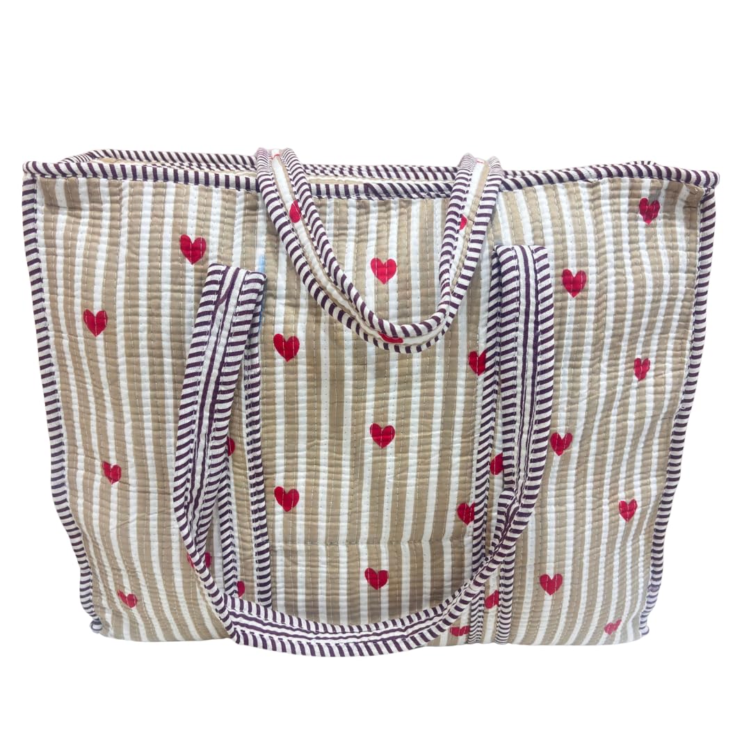 Bazaar Bhoot Edition Premium Cotton Quilted Shopping Tote Bag - Multipurpose Long Lasting Foldable Reusable Bag with zipper for Shopping, Travel & Daily Use - Made in India (Heart Beige)