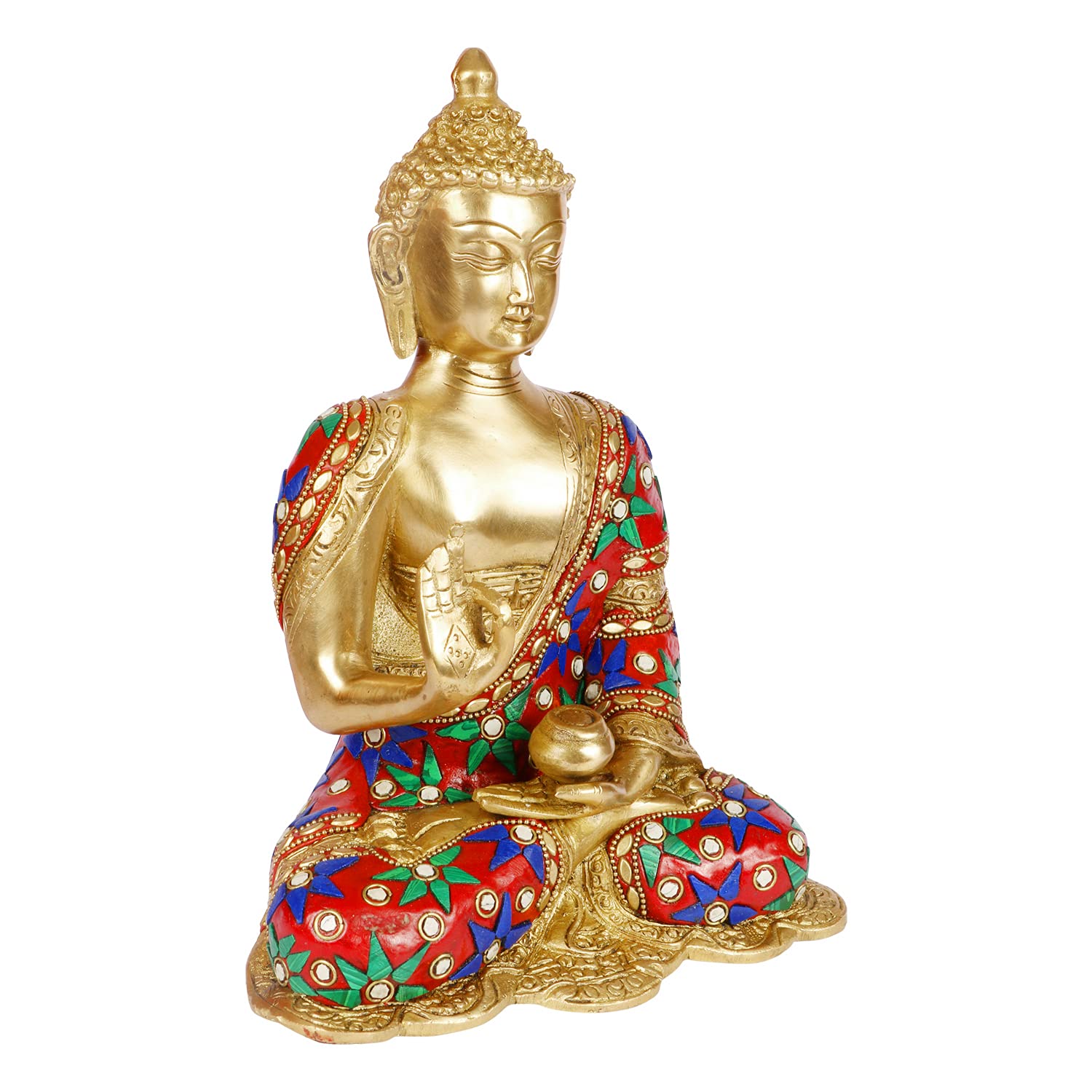 Svarup Brass Gautam Buddha Idol Statue Murti Draped in Stone Embellished Shawl for Home Decoration Blessing Buddha Height 10 Inch Weight 3.5 Kg Color Multicolor