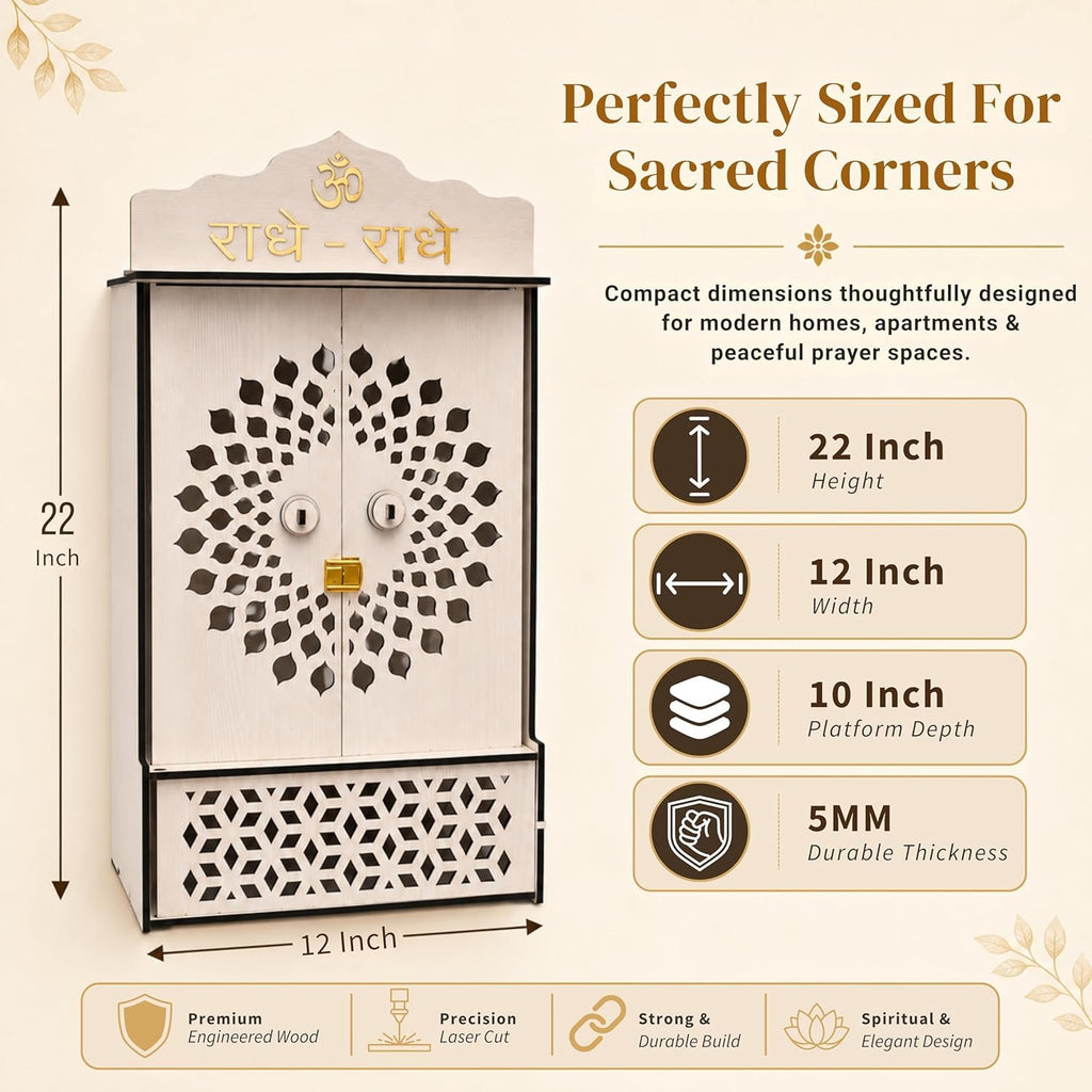 Venlay Wood Premium Wooden Home Mandir with Openable Doors & Storage Drawer - Walnut Brown Finish Pooja Ghar Featuring Silver Radhe-Radhe & Om Accents - Compact Wall Hanging & Desktop Temple (White)