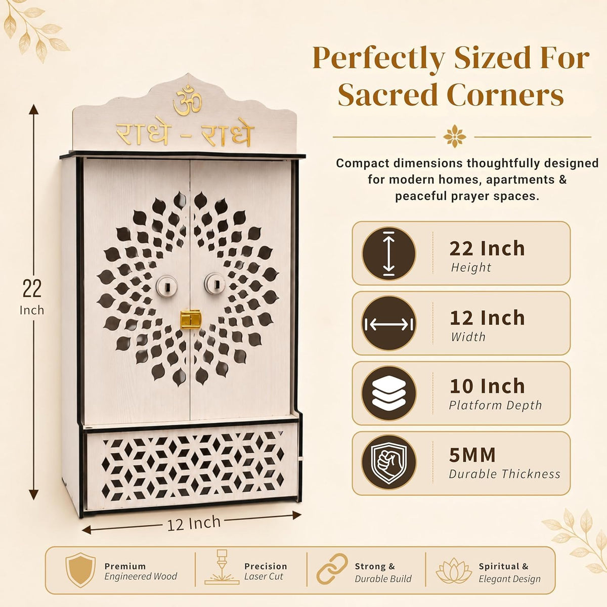 Venlay Wood Premium Wooden Home Mandir with Openable Doors & Storage Drawer - Walnut Brown Finish Pooja Ghar Featuring Silver Radhe-Radhe & Om Accents - Compact Wall Hanging & Desktop Temple (White)
