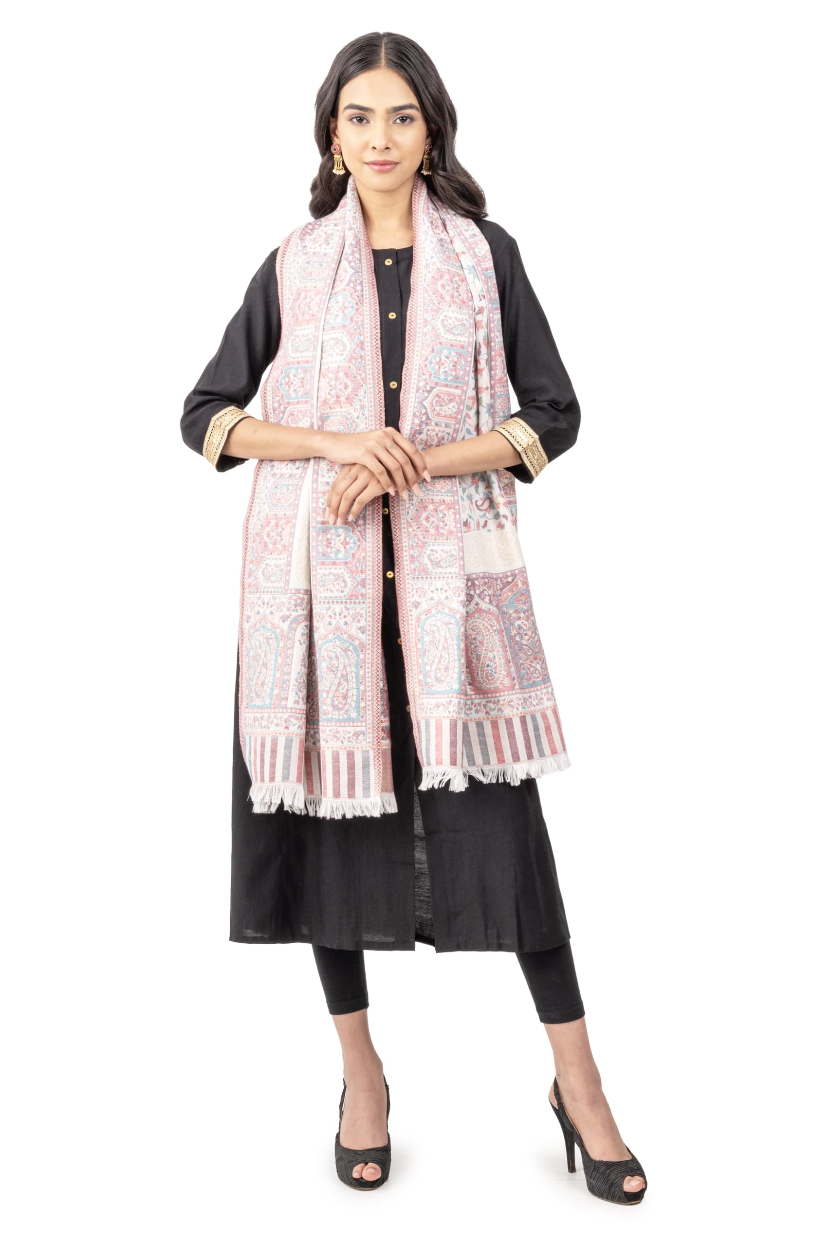 Naureen Women Faux Pashmina Kani Stole with Mughal Artwork and Zari Accents, Warm and Soft, 28x80 inch