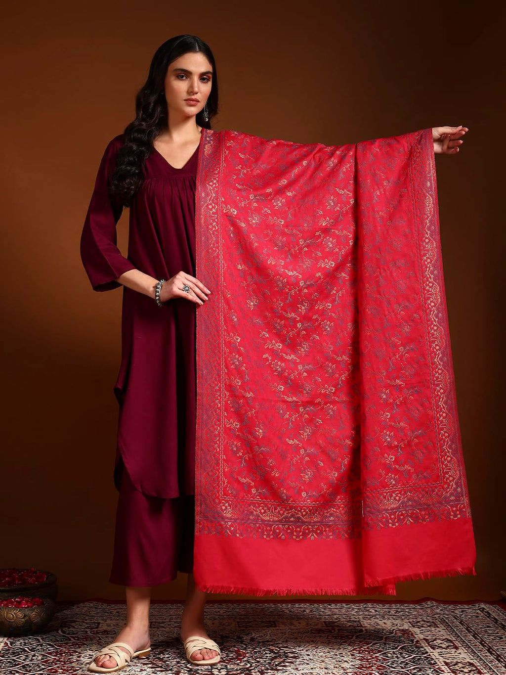 Pashmoda Women Aabroo Kashmiri Jamawar Woven Shawl, Kaani Jacquard Shawls, Stoles, Wraps, Luxury Pashmina Evening Wrap (Size: 40X80 Inches, Pink Color) SECS58