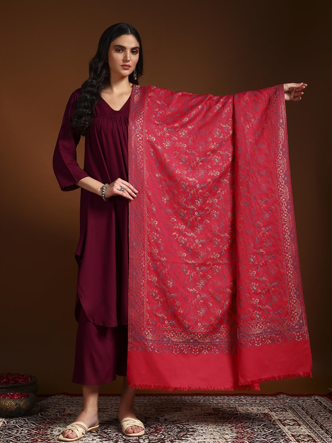 Pashmoda Women Aabroo Kashmiri Jamawar Woven Shawl, Kaani Jacquard Shawls, Stoles, Wraps, Luxury Pashmina Evening Wrap (Size: 40X80 Inches, Pink Color) SECS58