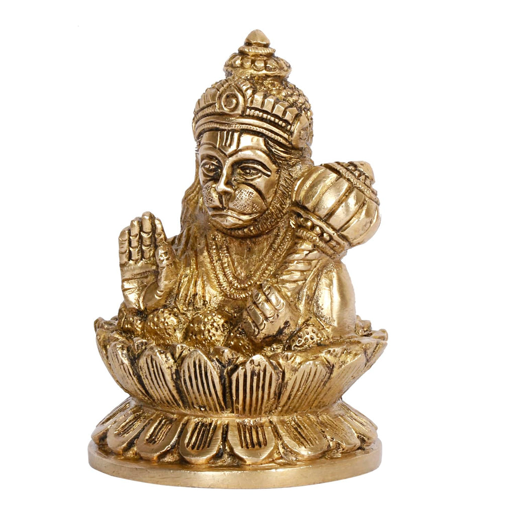 ARTVARKO Brass Blessing Bajrangbali Murti Hanuman Bust on Lotus Statue Home Office Temple Puja 4 Inch
