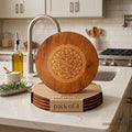 Round Wooden Trivet,Place Mate Set of 4 (20cm) |Bamboo Table Mats with Engraved Design | Heat Resistant Hot Pot Stand| Dining Table Protector | Wooden Coaster for Kitchen & Cookware (20x20 cm) Kafalo