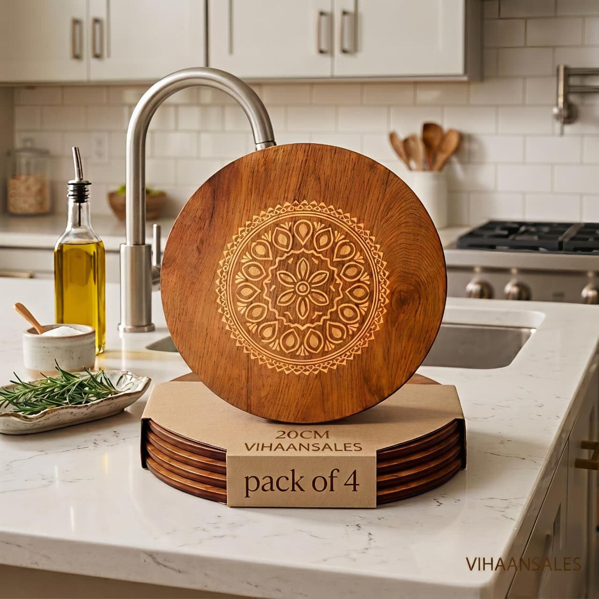 Round Wooden Trivet,Place Mate Set of 4 (20cm) |Bamboo Table Mats with Engraved Design | Heat Resistant Hot Pot Stand| Dining Table Protector | Wooden Coaster for Kitchen & Cookware (20x20 cm) Kafalo