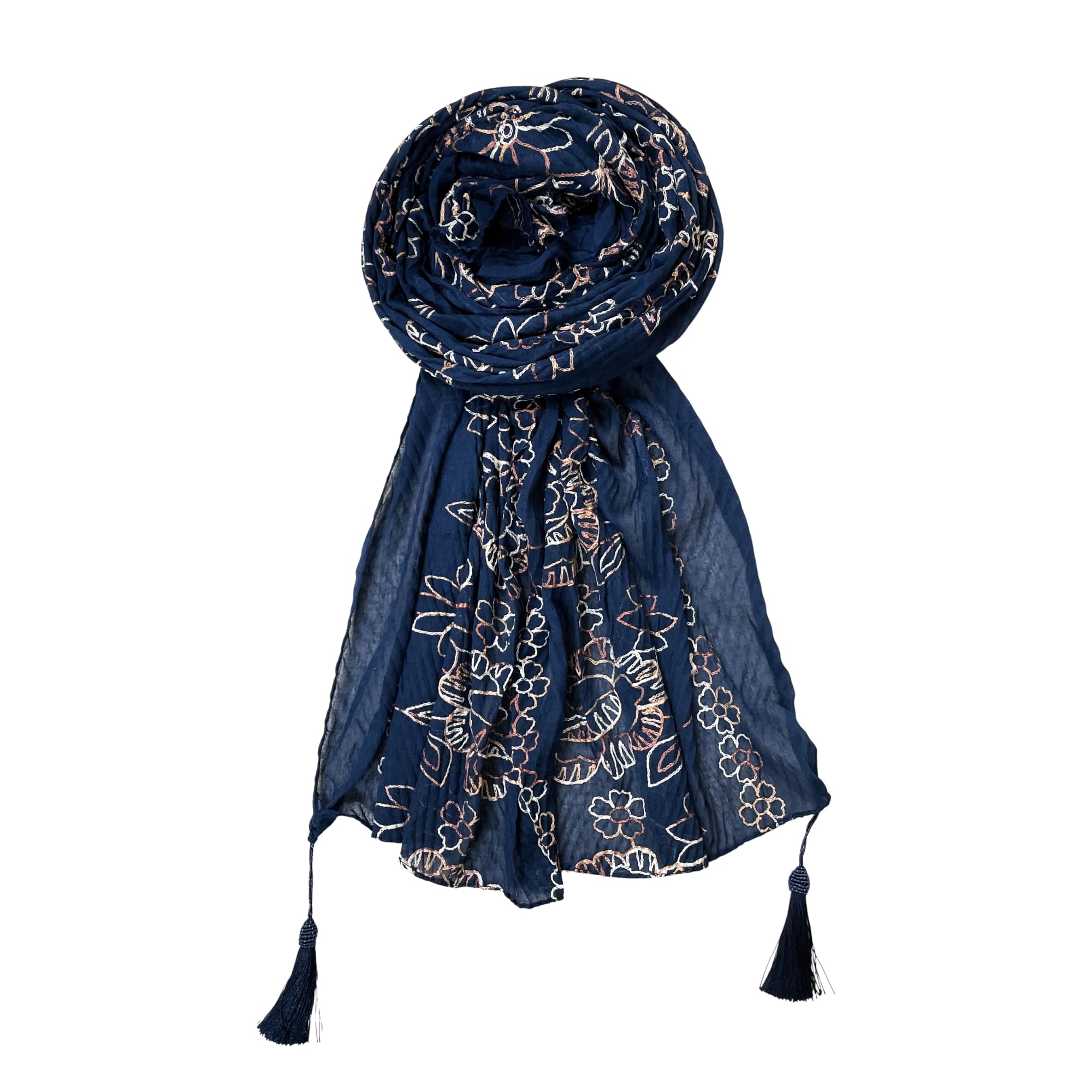 FAHABO Scarf Woman Pleated Cotton Scarves with Embroidery and Tassels | Hijab Scarf | Headscarf | Neck Scarf | Stoles | Wraps (Deep Night Blue -1)