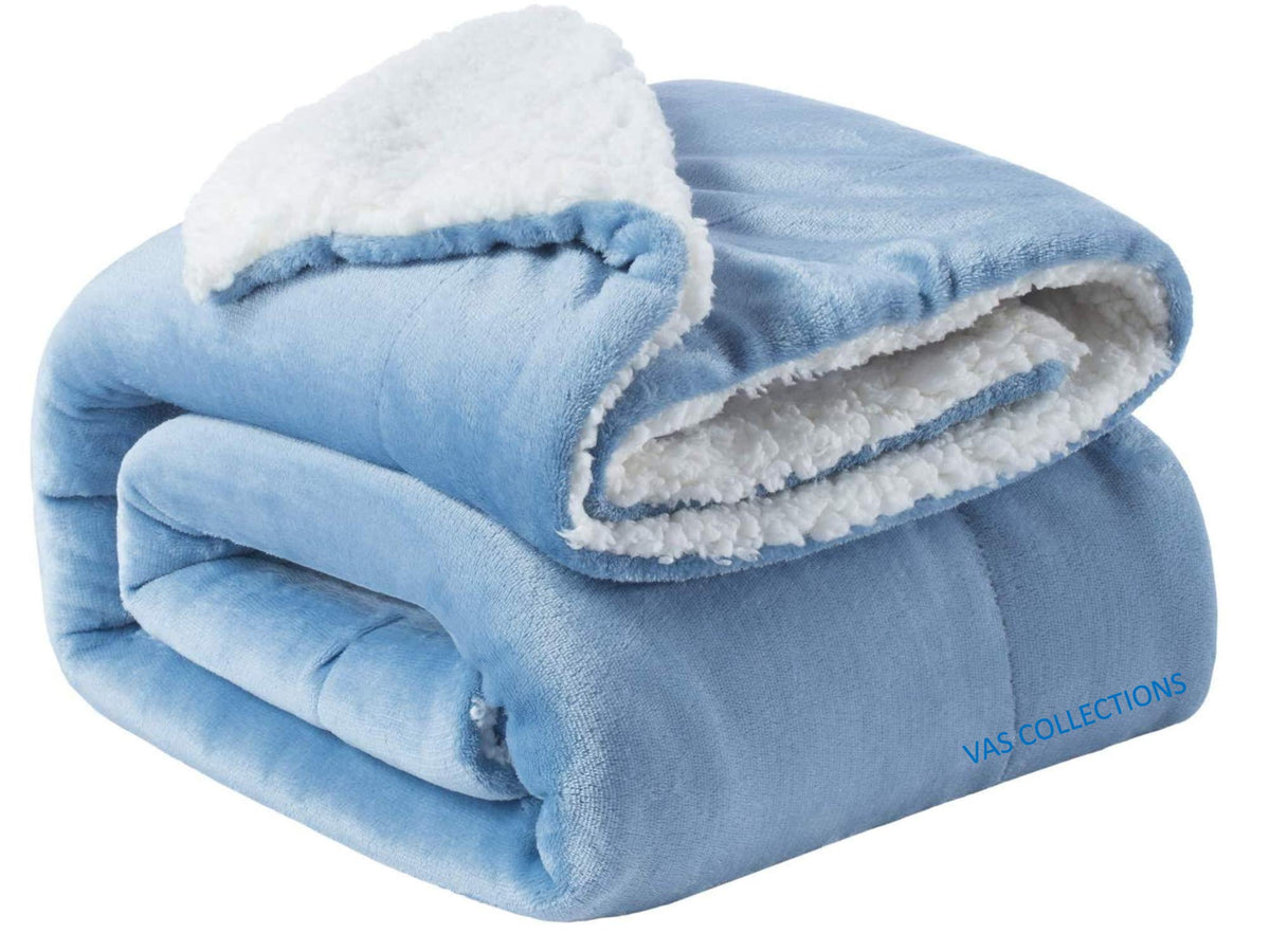 VAS COLLECTIONS Super Soft Reversible Sherpa Blanket for Single Bed (56×88 in / 142×224 cm) 1.8 kg, 570 GSM – Polyester Micromink and Sherpa Flannel, Heavy Winter Use, Solid Sky Blue Kafalo