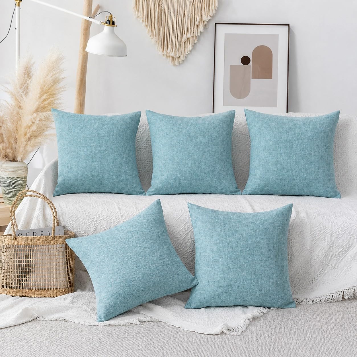 Khooti Jute Cushion Cover | 22 x 22 Inches / 55 x 55 cm | Teal Green | Set of 5 | Throw Pillow Cover for Couches, Chairs, Sofas, Beds, Coffee Tables, Living Rooms, Bedrooms, Modern Boho Design -50 TC