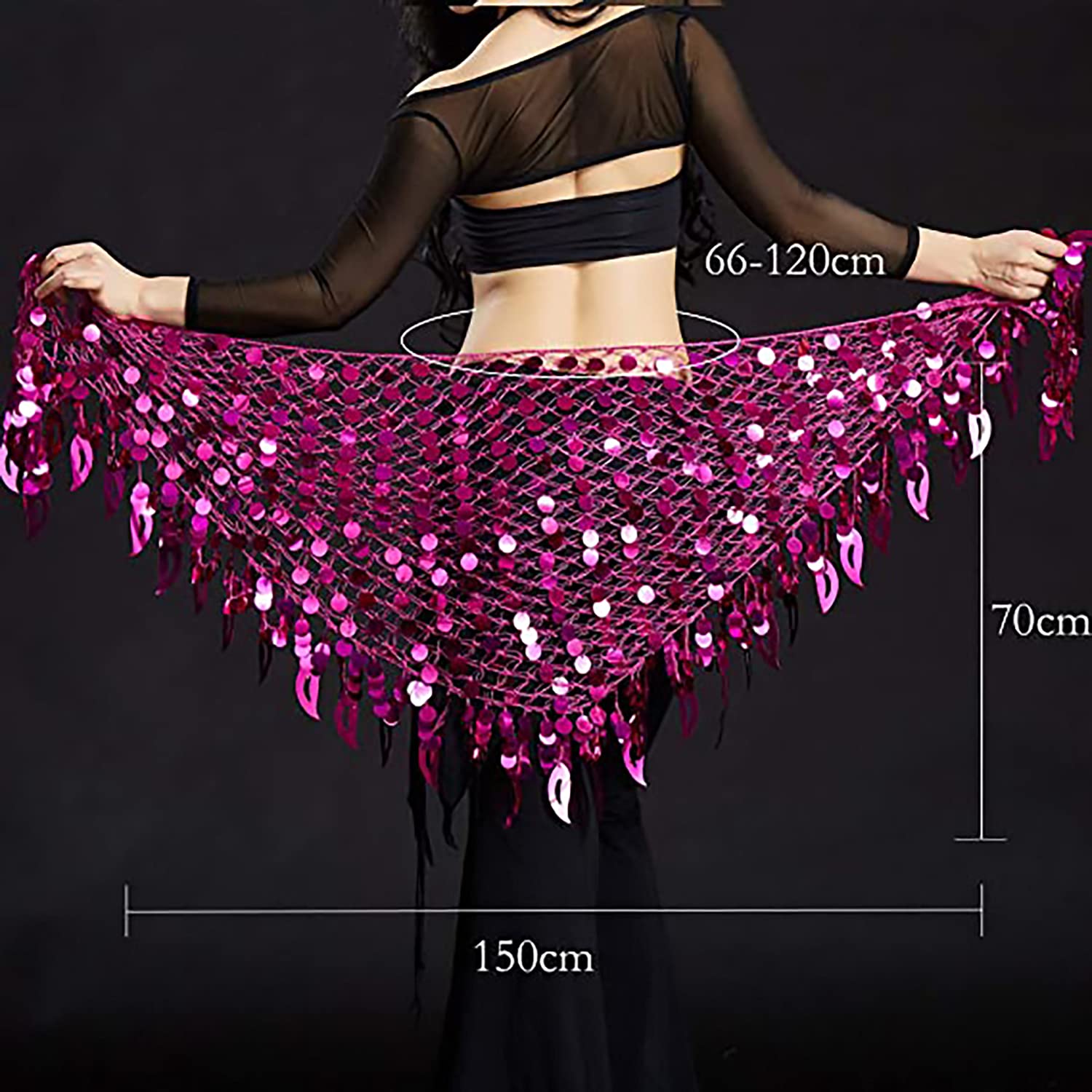 Vritraz Women's Chiffon Belly Dance Hip Scarf Waistband Belt Skirt Mixed Colors Sequence Beads And Coins Pink