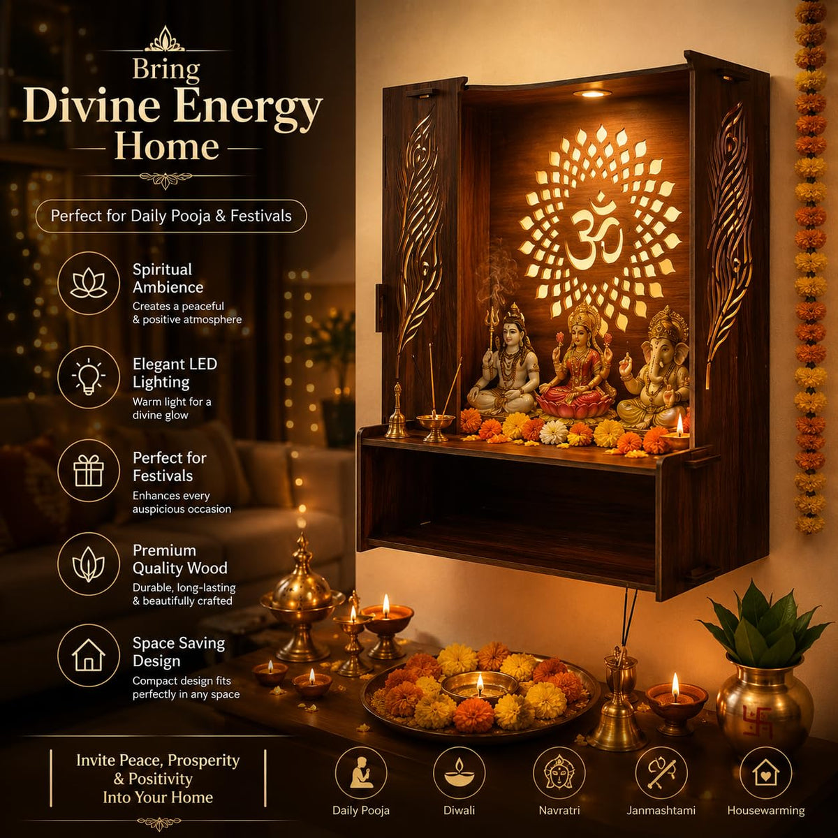PIXIEDAISY Wooden Temple for Home with LED Light | Wall Mounted Pooja Mandir for Home & Office | Beautiful Wooden Pooja Stand for Living Room, Prayer Room & Hindu Temple Décor (Style-4)