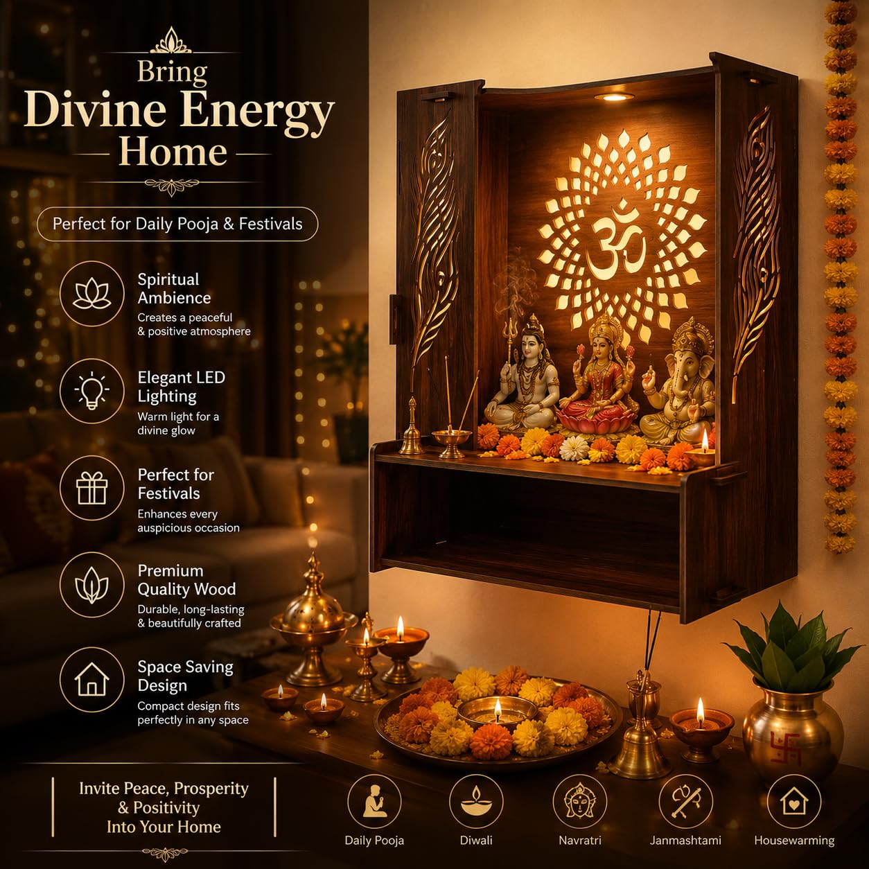 PIXIEDAISY Wooden Temple for Home with LED Light | Wall Mounted Pooja Mandir for Home & Office | Beautiful Wooden Pooja Stand for Living Room, Prayer Room & Hindu Temple Décor (Style-3)