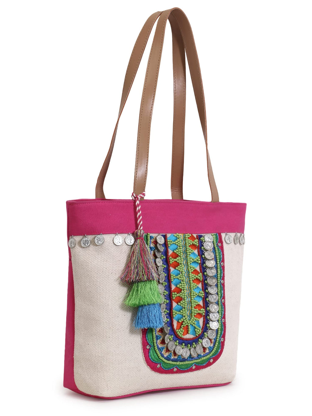 Anekaant Boho Natural & Multicolor Cotton Jute Boho Embellished Tote Bag