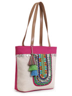 Anekaant Boho Natural & Multicolor Cotton Jute Boho Embellished Tote Bag
