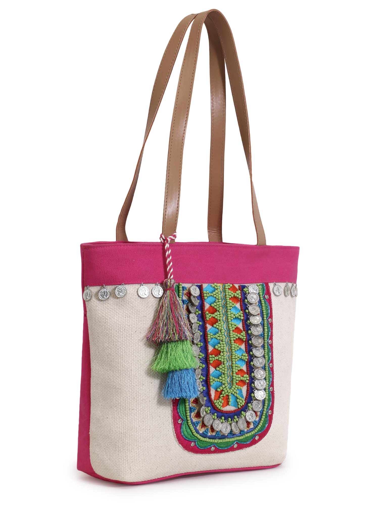 Anekaant Boho Natural & Multicolor Cotton Jute Boho Embellished Tote Bag