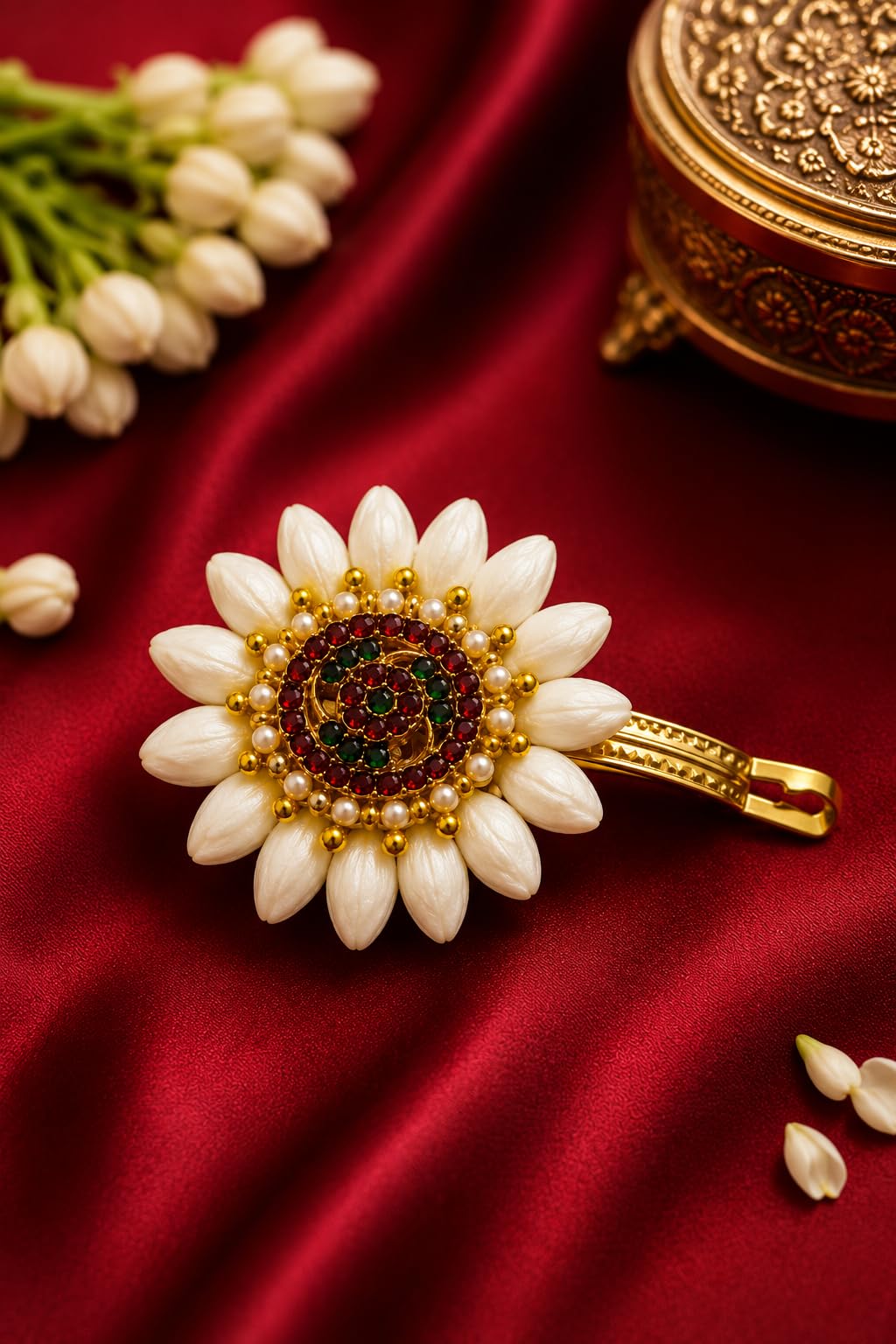 Surya Traditional Jasmine Floral Kemp Handmade Hair Clip for Women | Gajra Style Centre Clip for Bun & Juda | Bridal Wedding Festival Hair Decoration | White Flowers