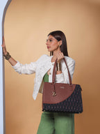 ZOUK Ikat GreRed Office Essential Bag | Jute | Vegan Leather Handcrafted Tote Bag With Double Handle Shoulder Strap| Black and Red