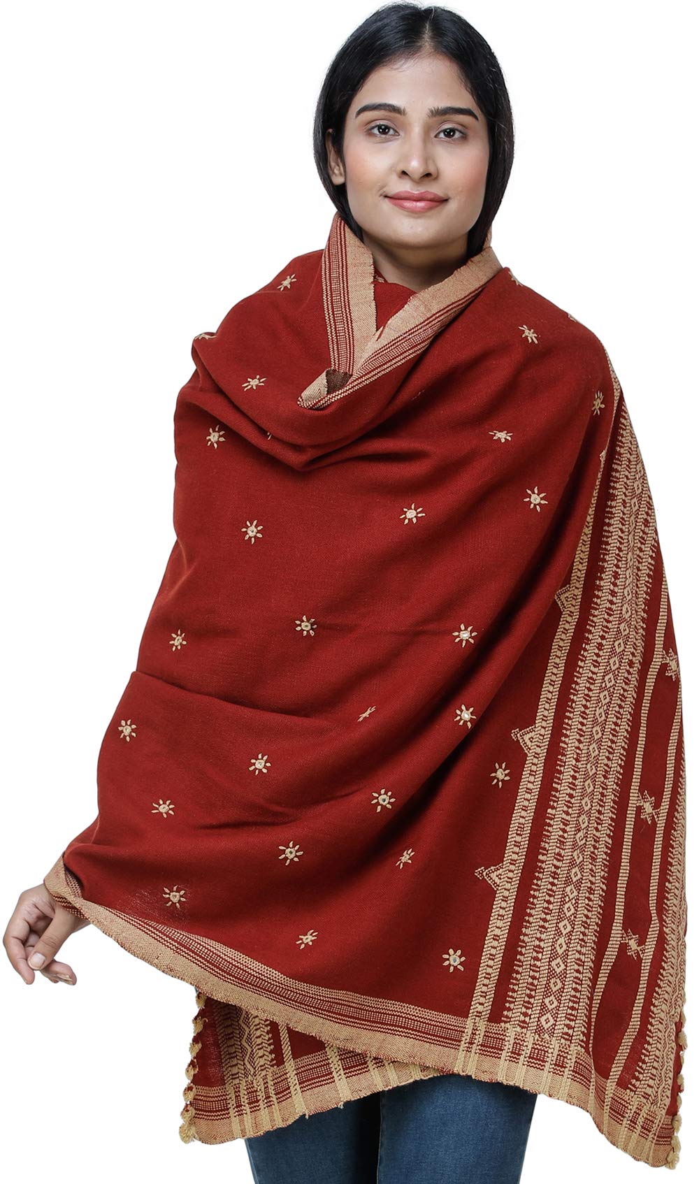 Exotic India Women's Kutch Wool Shawl (SHY72--mandarin-red)