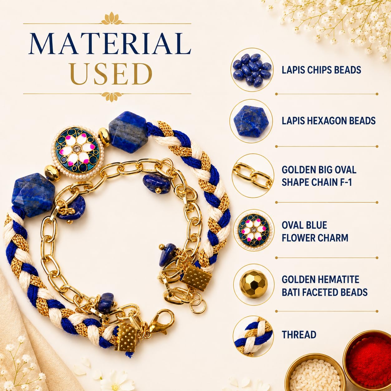 Shubhanjali Royal Fortune Rakhi for Bhabhi | Crystal Beads & Blue Floral Charm | Handmade Designer Lumba Rakhi for Sister | Raksha Bandhan Gift Set with Roli Chawal, Greeting Card & Potli