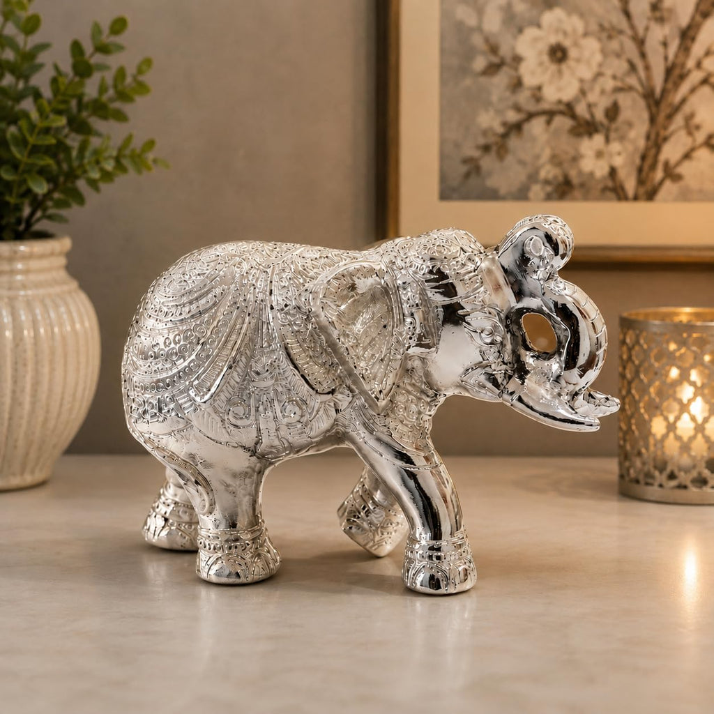 KridayKraft Decorative Silver Elephant Trunkup Silver Plated Statue, 12 cm x 9.5 cm, 400 gm, Intricately Carved Metal Figurine