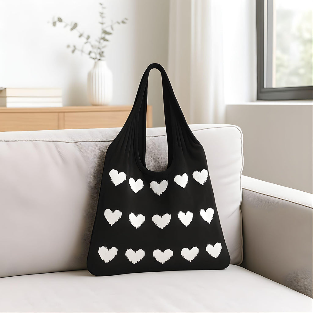 ZOYZO Premium Knitted Heart Pattern Tote Bag For Women Large Capacity Crochet Shoulder Handbag Stylish Durable Lightweight Bag For Shopping Beach Travel Work Everyday Use(Black,Pack of 1)