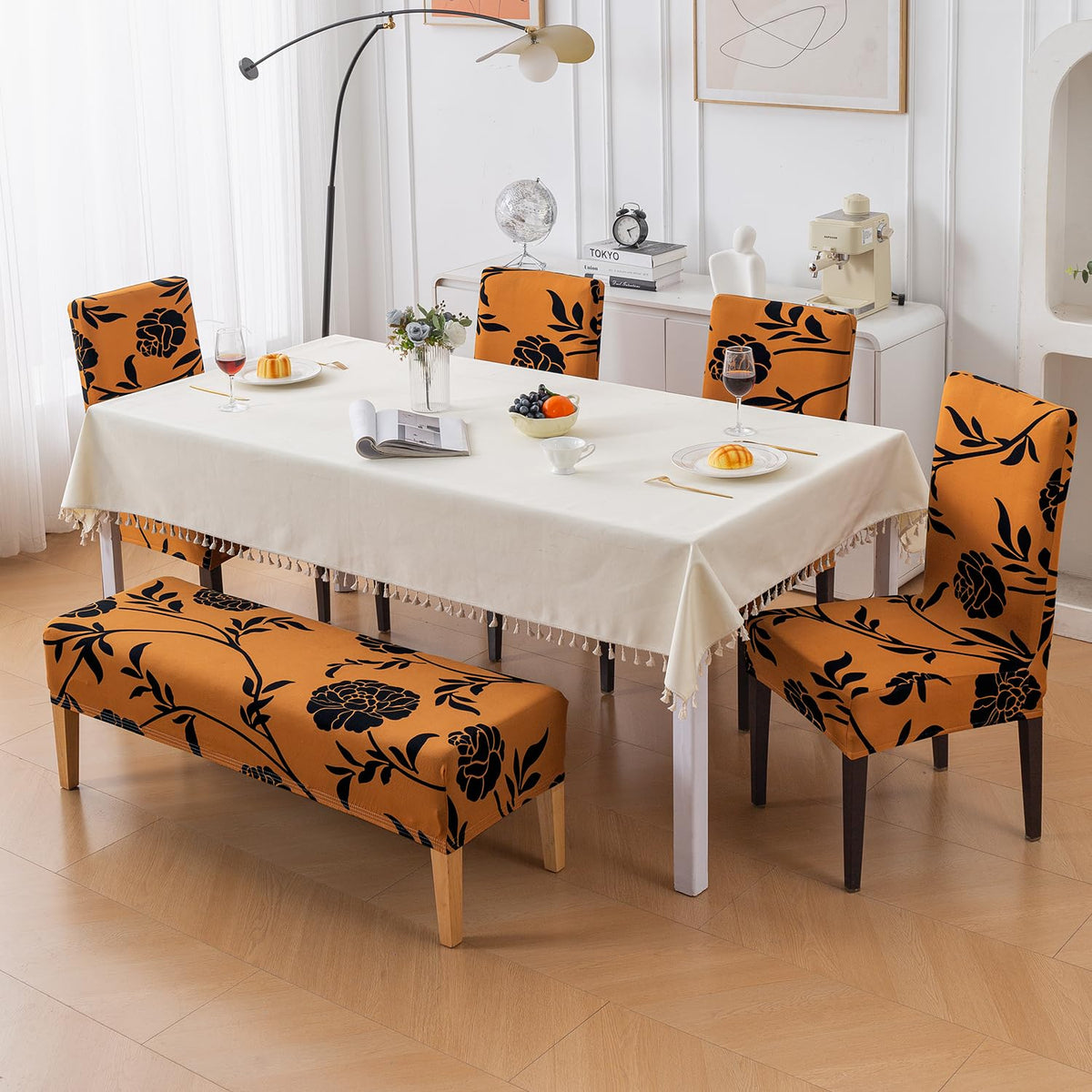 HOKIPO 140 GSM Stretchable Dining Chair Covers Set of 4 with 1 Bench Cover 'Elira Series', Copper Brown Floral (AR-6283-C8)