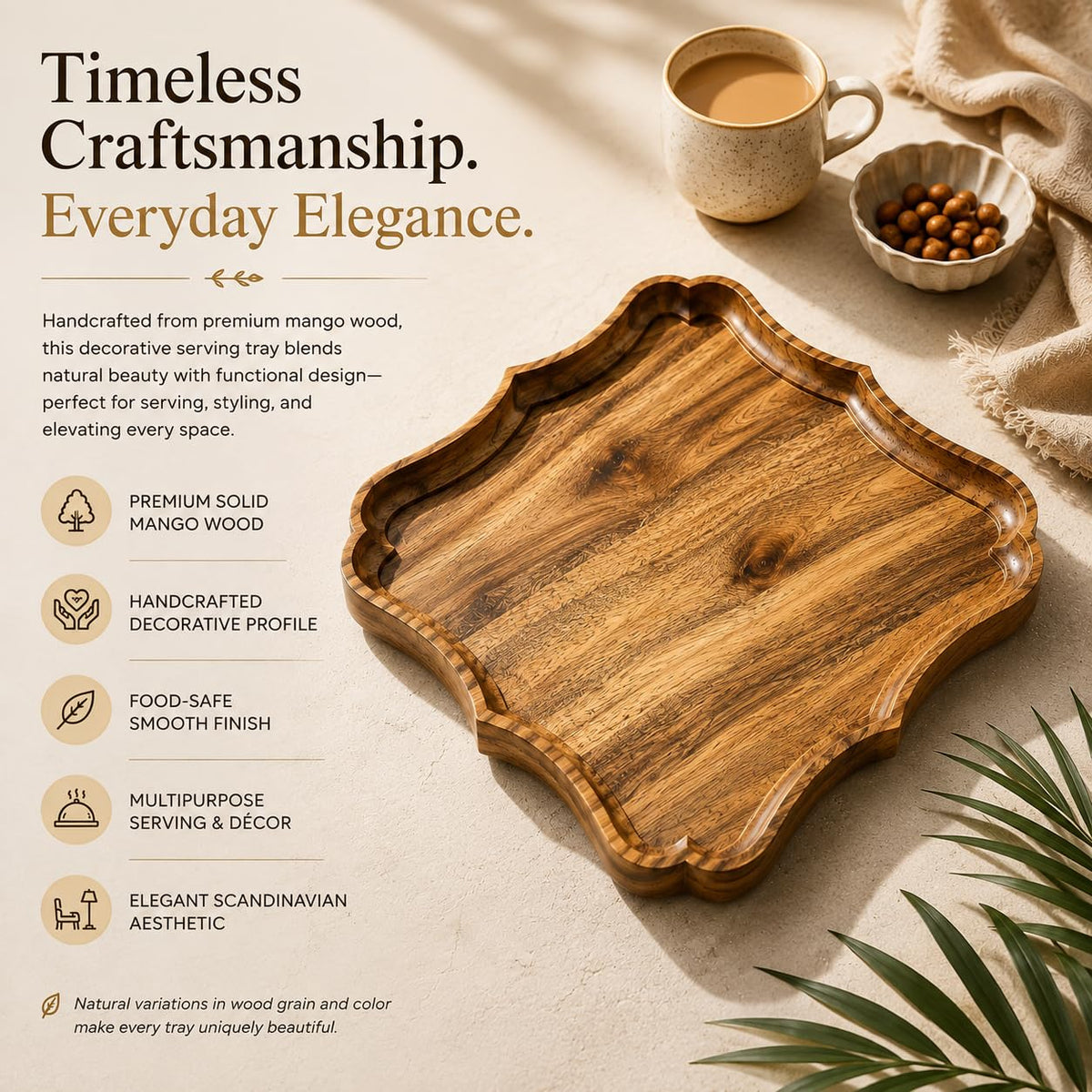 Premium Acacia Wood Serving Tray Handcrafted Wooden Decorative Tray with Scalloped Edge 11 x 11 x 1 Inch Round Serving Platter for Coffee Table, Dining Table, Tea, Snacks & Home Decor (mod 4)