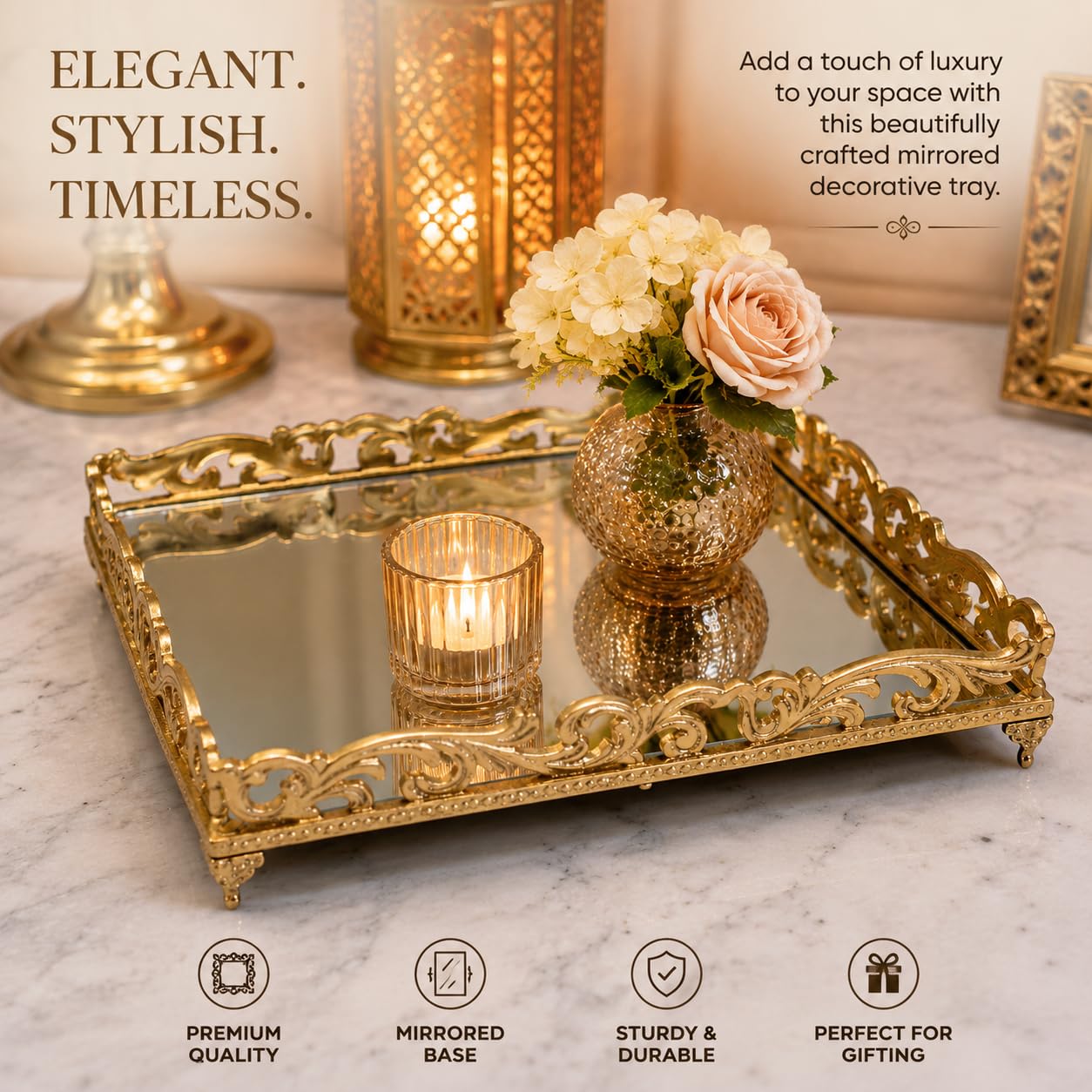 Decorative Gold Mirrored Serving Tray with Metal Frame, Vanity Organiser for Perfume, Jewellery, Cosmetics, Coffee Table and Home Decor