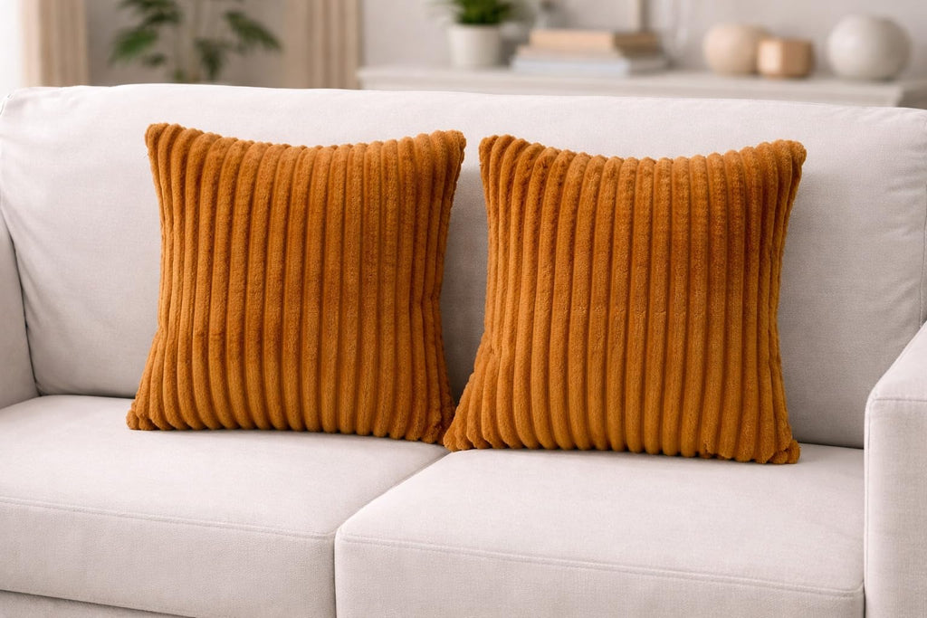 AWARD VELVETS Premium Faux Rabbit Fur Plush Luxury Soft Fluffy Striped Decorative Throw Pillow/Cushion Covers for Sofa, Couch, Living Room - (Light Brown, 16 x 16 inch) Set of 2