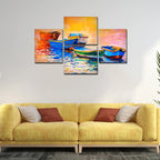 VIBECRAFTS Beautiful Boats And Sunset 4 Pieces Canvas Wall Painting Fitted With Wooden Frame For Home | Office | Living Room | Gifts (PTVC4Pcs4_16501N)
