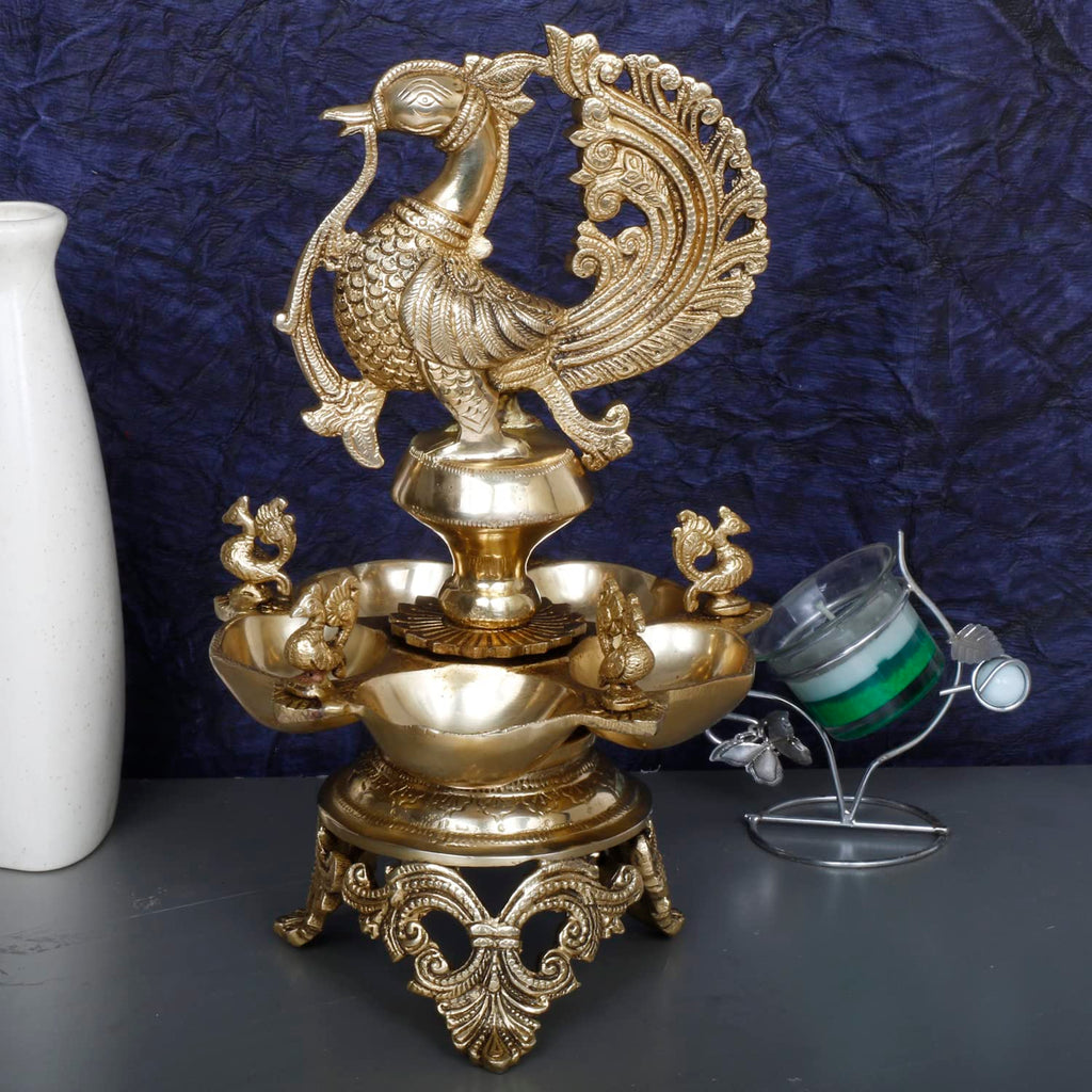 Artvarko Brass Peacock Diya Table Oil Lamp Traditional Handmade Lamp for Temples Puja Festival Gifts & Home Decor (Golden) Height: 12 Inch,