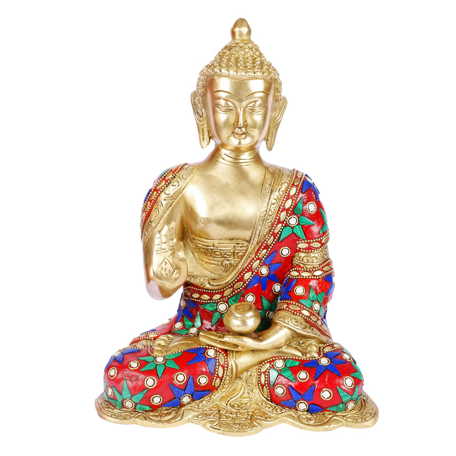 Svarup Brass Gautam Buddha Idol Statue Murti Draped in Stone Embellished Shawl for Home Decoration Blessing Buddha Height 10 Inch Weight 3.5 Kg Color Multicolor