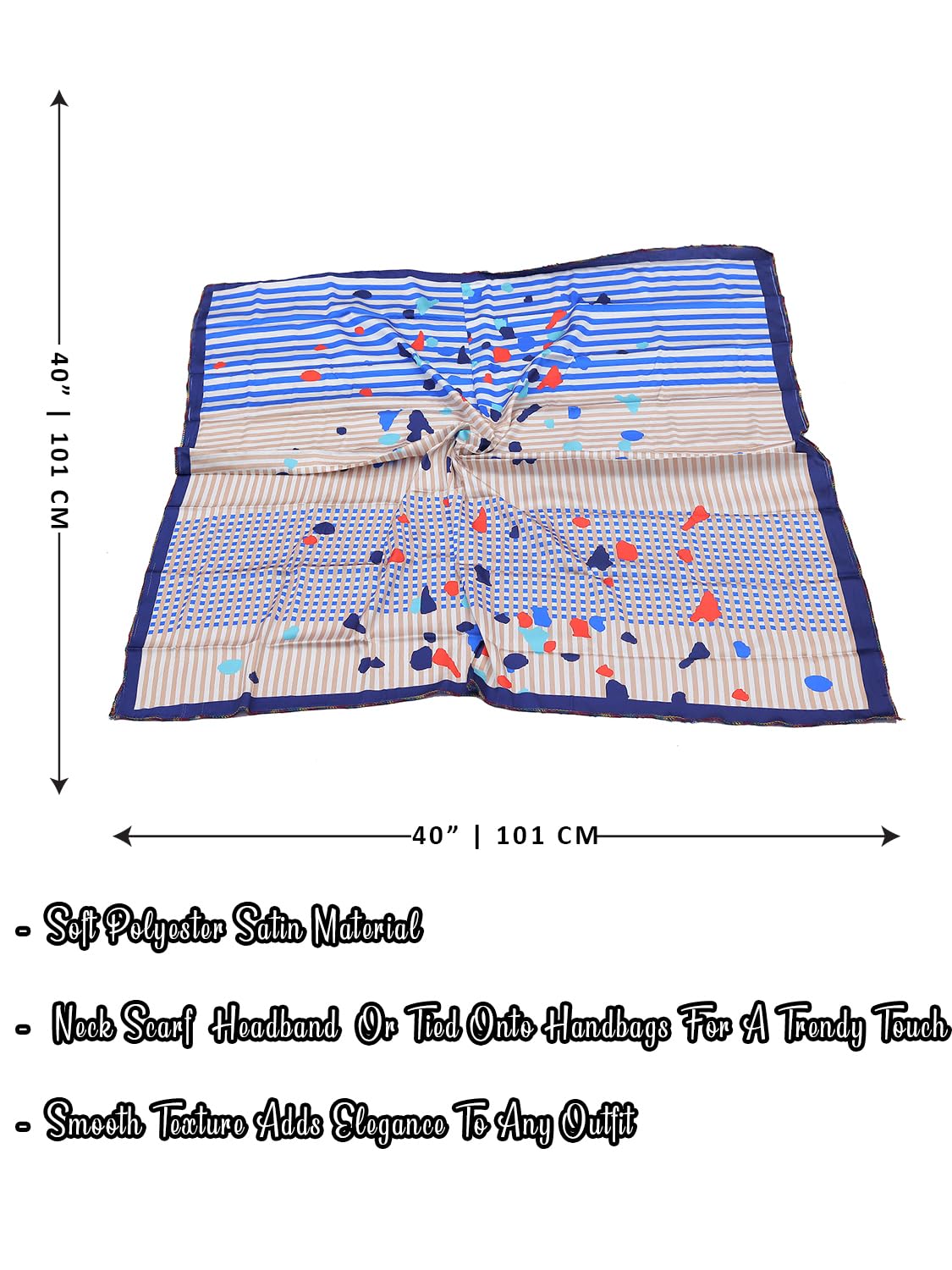 leeza store Women's Silk Scarf For Women, Blue & Beige Abstract Geometric & Stripe Mix Digital Print, 40 X 40, Elegant Lightweight Fashion Stole