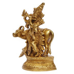 ARTVARKO Brass Krishna Playing Flute with Kamdhenu Cow and Peacock Idol Sculpture Home Decor for Living Room Pooja Gift Item Height 5 Inch