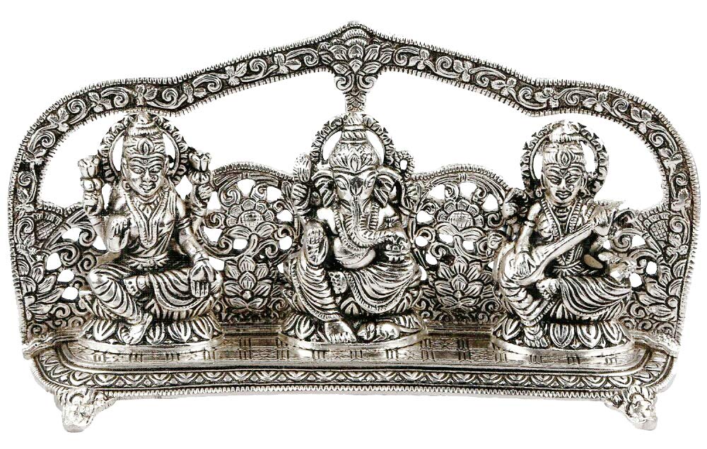 Prince Home Decor & Gifts Laxmi Ganesh Saraswati Idol Decorative Platter with Diya Laxmi Ganesha Murti Showpiece Antique Gift (Silver)