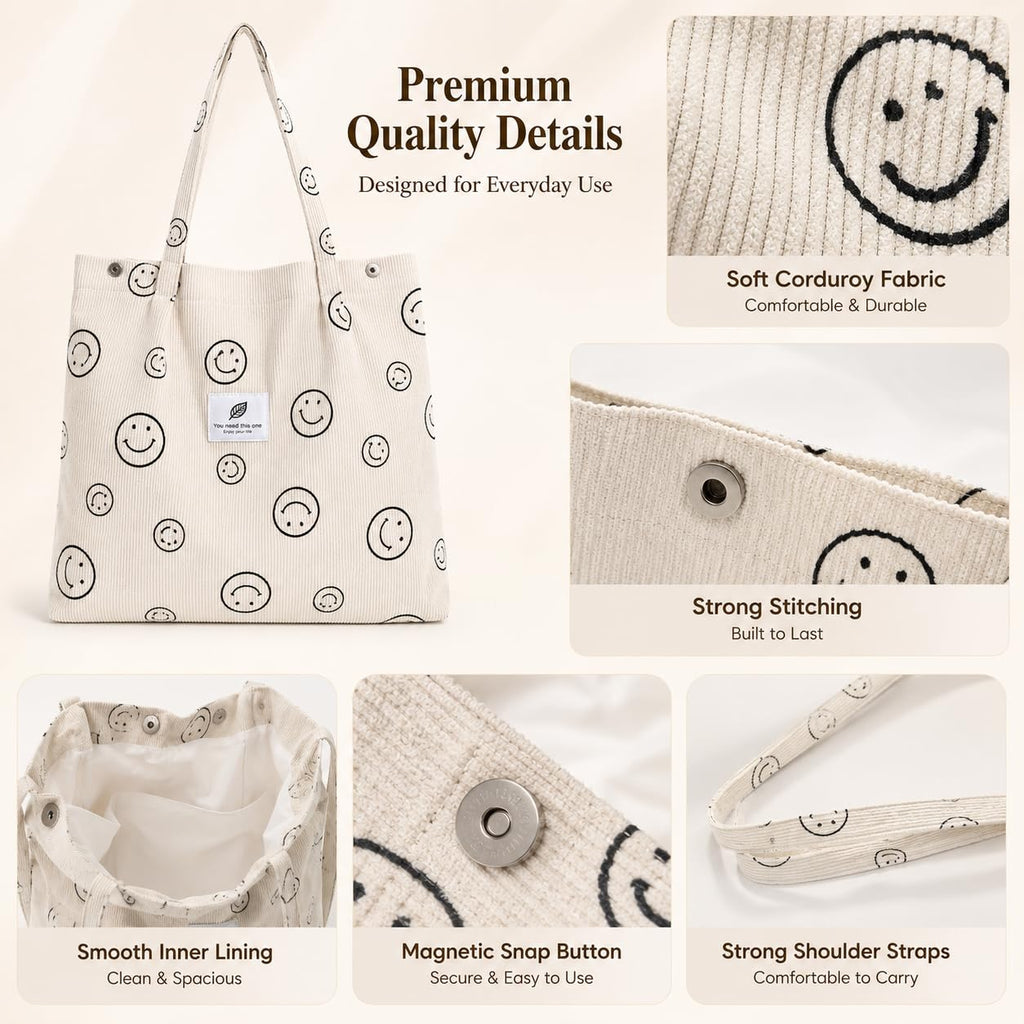 Street27 Womens Korean Canvas Corduroy Tote Bag Casual Work Shoulder Handbags|Multi-Purpose Bag |Sturdy Canvas Bag With Large Capacity|Shopping Bag For Office,College & Daily Use (Smiley Beige)