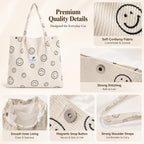 Street27 Womens Korean Canvas Corduroy Tote Bag Casual Work Shoulder Handbags|Multi-Purpose Bag |Sturdy Canvas Bag With Large Capacity|Shopping Bag For Office,College & Daily Use (Smiley Beige)
