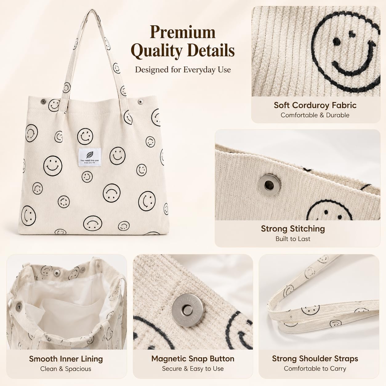 Street27 Womens Korean Canvas Corduroy Tote Bag Casual Work Shoulder Handbags|Multi-Purpose Bag |Sturdy Canvas Bag With Large Capacity|Shopping Bag For Office,College & Daily Use (Smiley Beige)