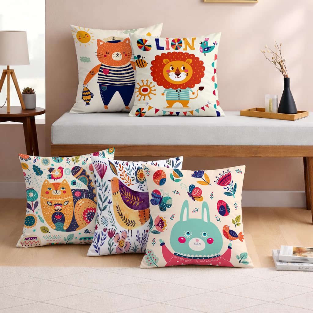 STITCHNEST Set of 5 Folk Art Animal Fantasy Collection Printed Polycotton Cushion Covers 12x12 Inches | Decorative Throw Pillow Covers for Sofa, Living Room, Bedroom | Perfect for Home Decor