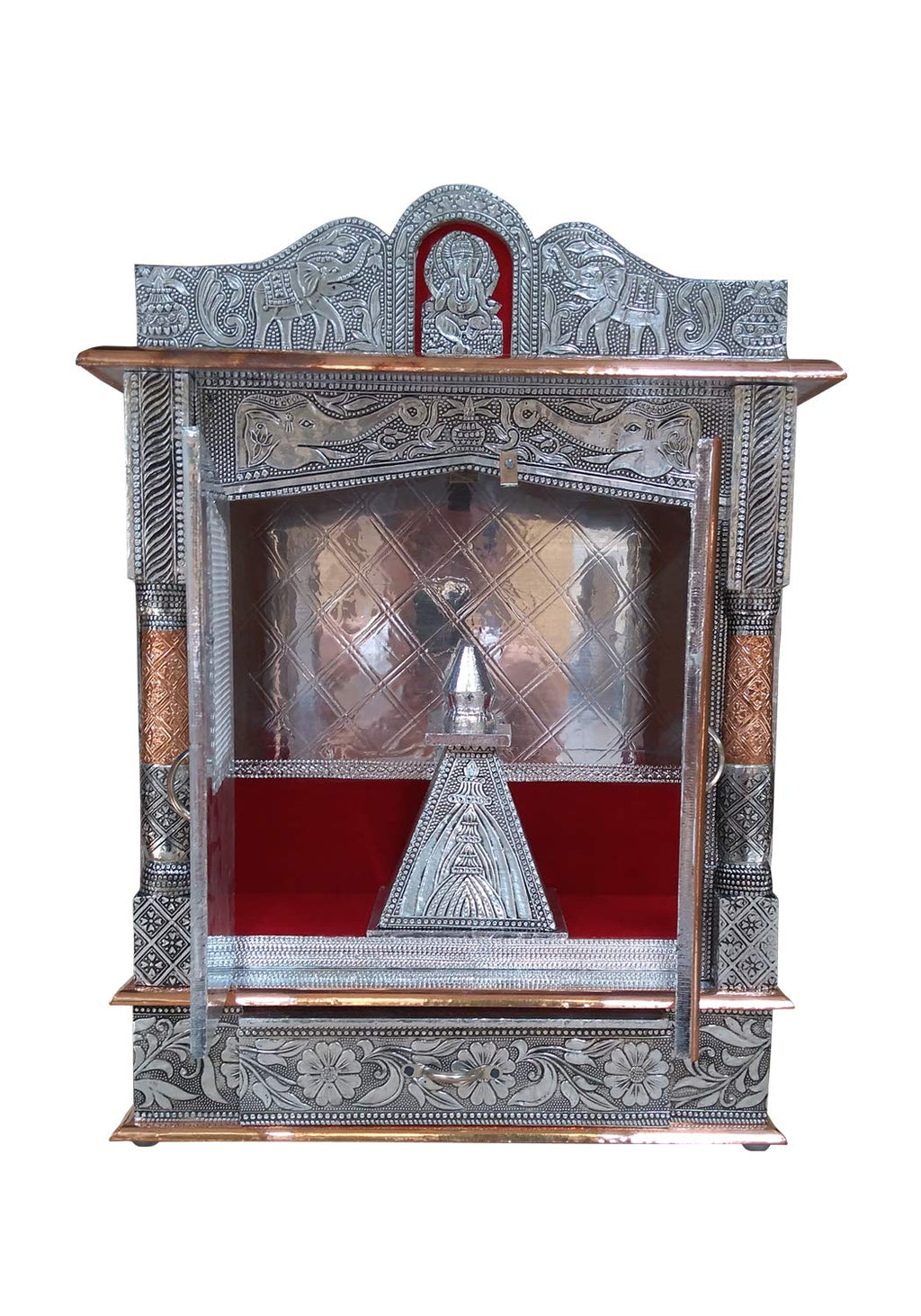 Genaric Vd-Starâ Handcrafted Designs Wooden Mandir With Aluminium & Copper Oxidized Temple Home Temple/ Mandir Office Pooja Mandir Silver & Bronze (Size: 24X 6X 15 Inch)