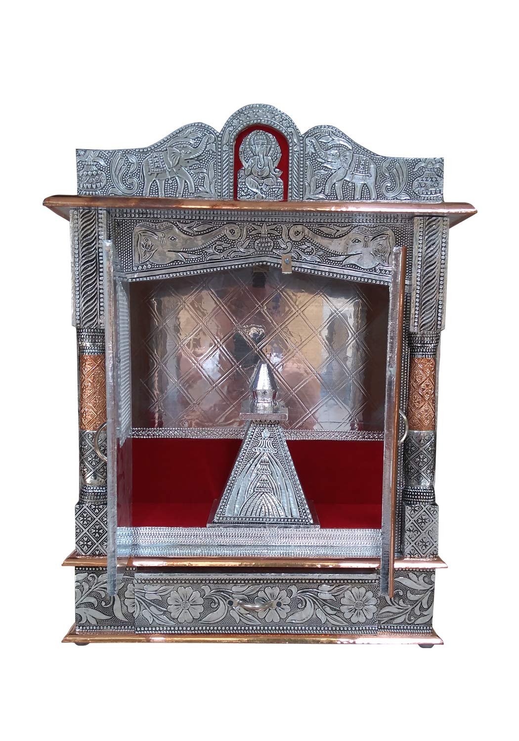 Genaric Vd-Starâ Handcrafted Designs Wooden Mandir With Aluminium & Copper Oxidized Temple Home Temple/ Mandir Office Pooja Mandir Silver & Bronze (Size: 24X 6X 15 Inch)
