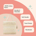 LoomEarth Handcrafted Boho Cotton Tote Bag with Tassels and Pom Poms, 38x38x25 cm, Cream White, Beach Shopping Shoulder Bag