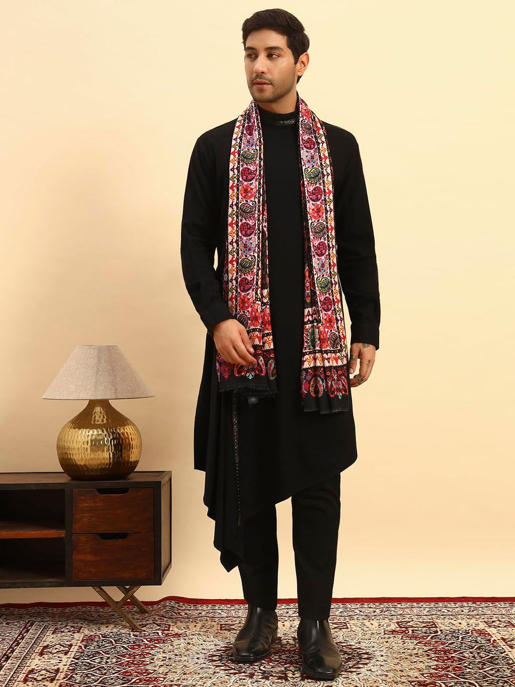 Pashmoda Men Floral Sonata Royal Fine Soft Bamboo Fibre Stole, Multicoloured Design, Evening Wrap, Luxury Pashmina Style Scarf, Wrap (Size 28x80, Black colour) MISST32