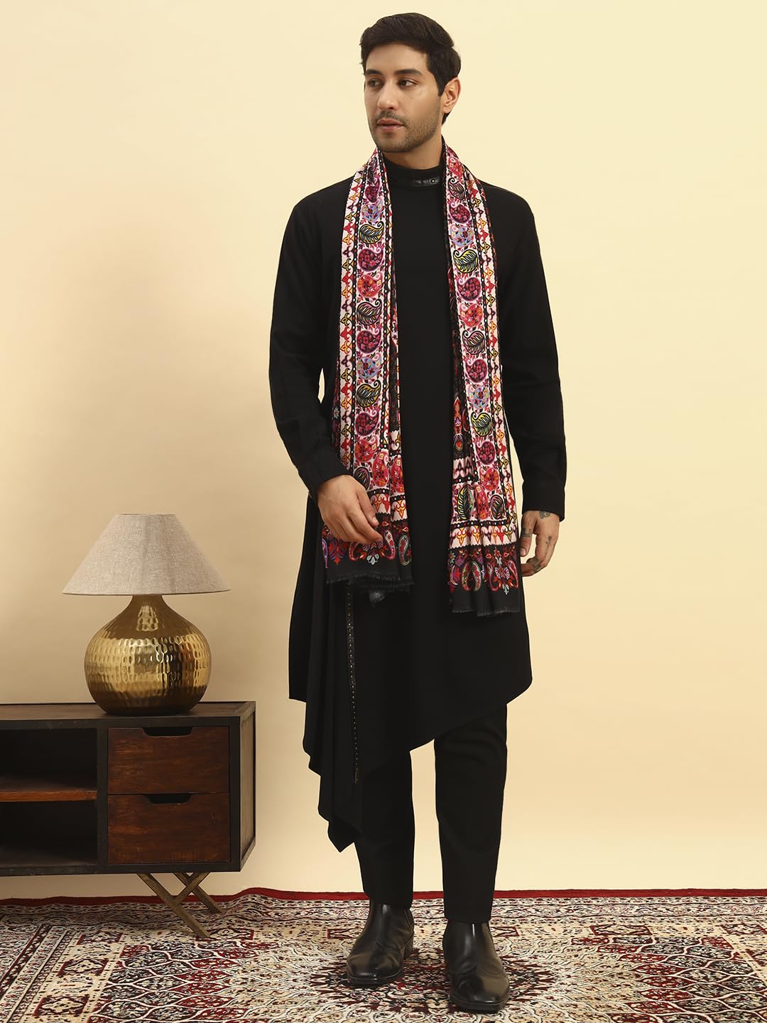 Pashmoda Men Floral Sonata Royal Fine Soft Bamboo Fibre Stole, Multicoloured Design, Evening Wrap, Luxury Pashmina Style Scarf, Wrap (Size 28x80, Black colour) MISST32