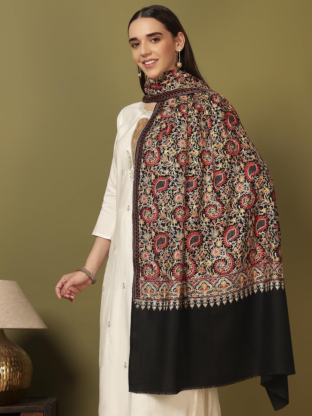 Pashmoda Women Ruhani Fine Wool Nalki Embroidered Shawl (Size: 40x80in, 101x203cm) EMS01