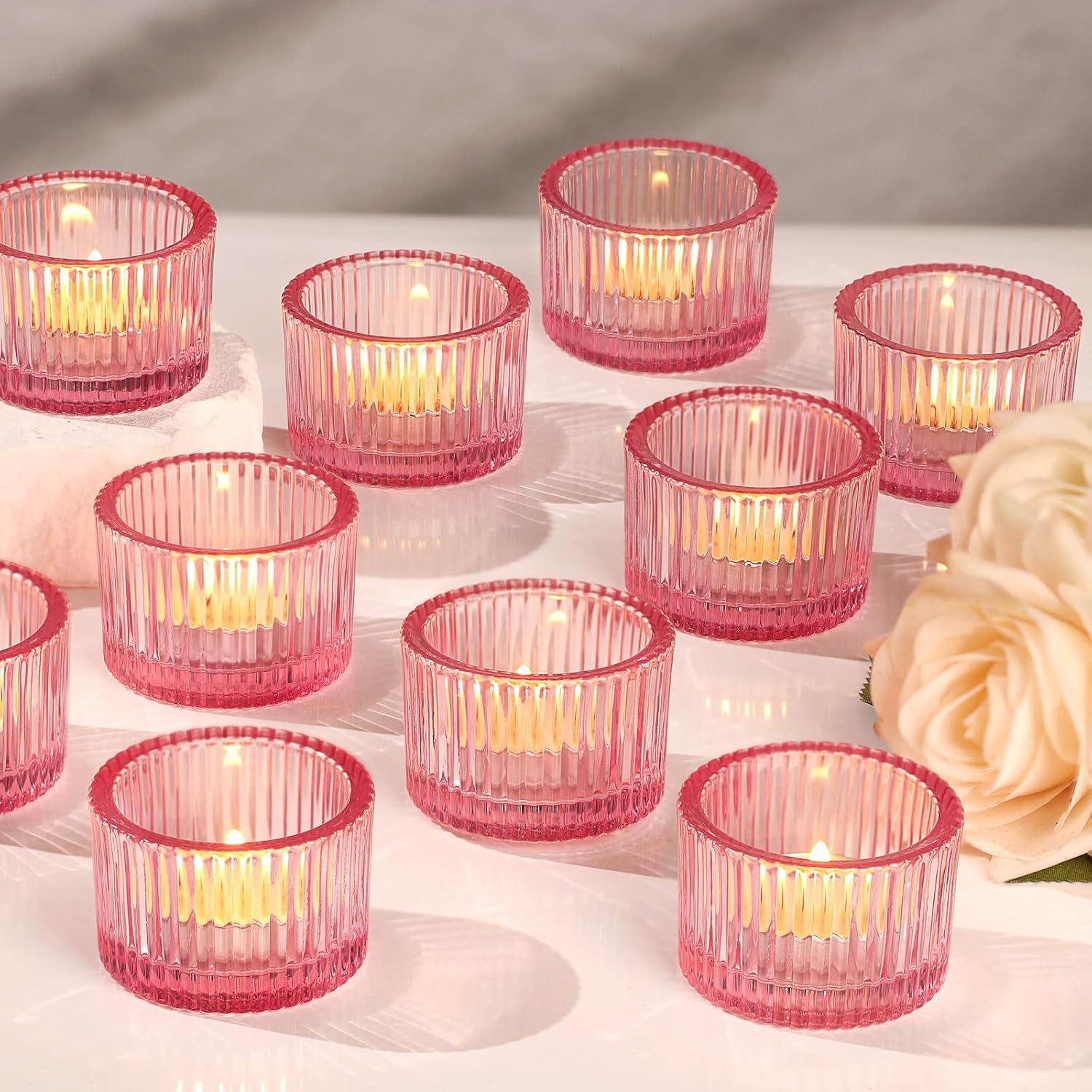 Mahganya Set of 6 Votive Glass Tealight Candle Holders - Christmas Decorations Items for Home Dcor Living Room Bedroom Dining Table Christmas and Diwali Gifts Multi Color (Pink2)