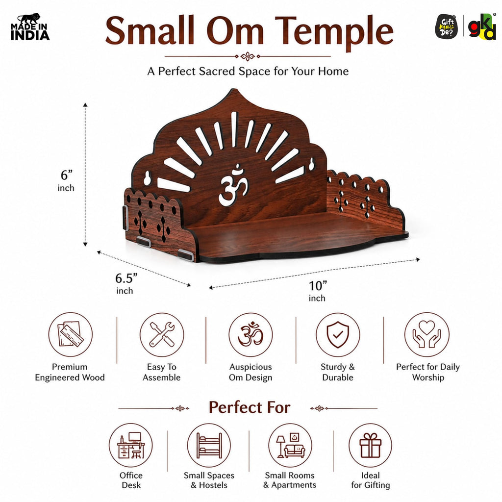 Gift Kya De Wooden Pooja Mandir for Home | Wall Hanging or Tabletop Temple for Office, Flat, or Room | Small Indian Wooden Temple Shelf | Compact DIY OM Mandir | 10x6x6.5 Inch