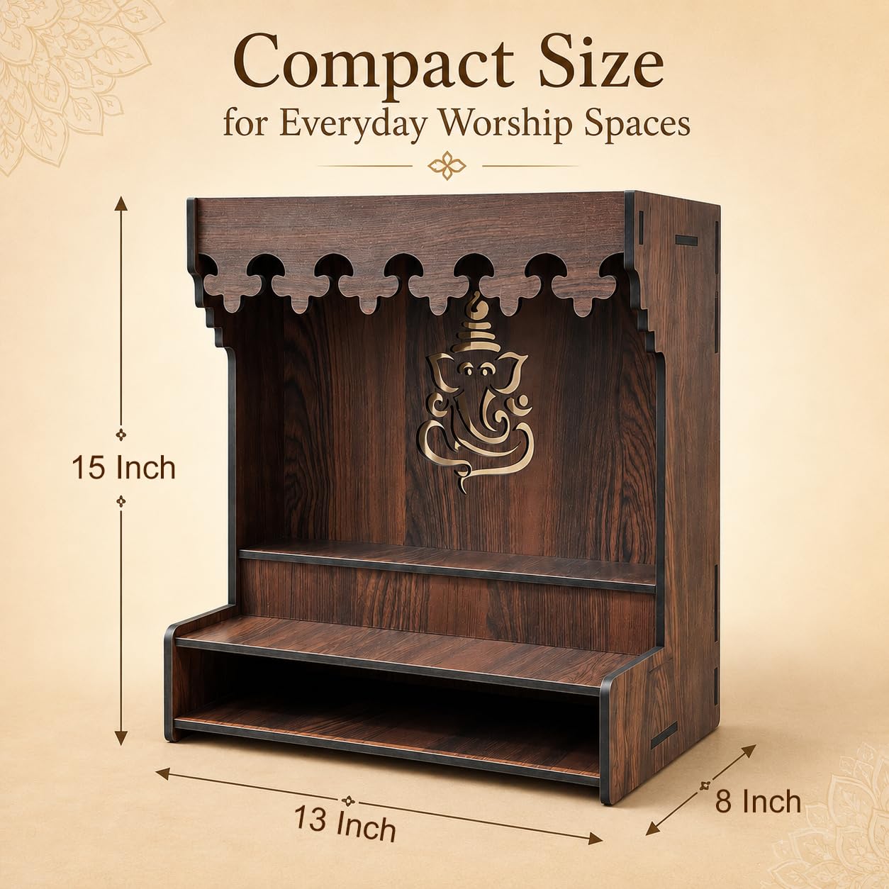 The Castle Decor Wooden Mandir for Home, Wall Hanging & Tabletop Pooja Temple with Ganesha Cutwork, 2-Tier Storage Shelf, MDF Mandir for Pooja Room, Office, Hostel, 13 x 15 x 8 Inch (Design-5)