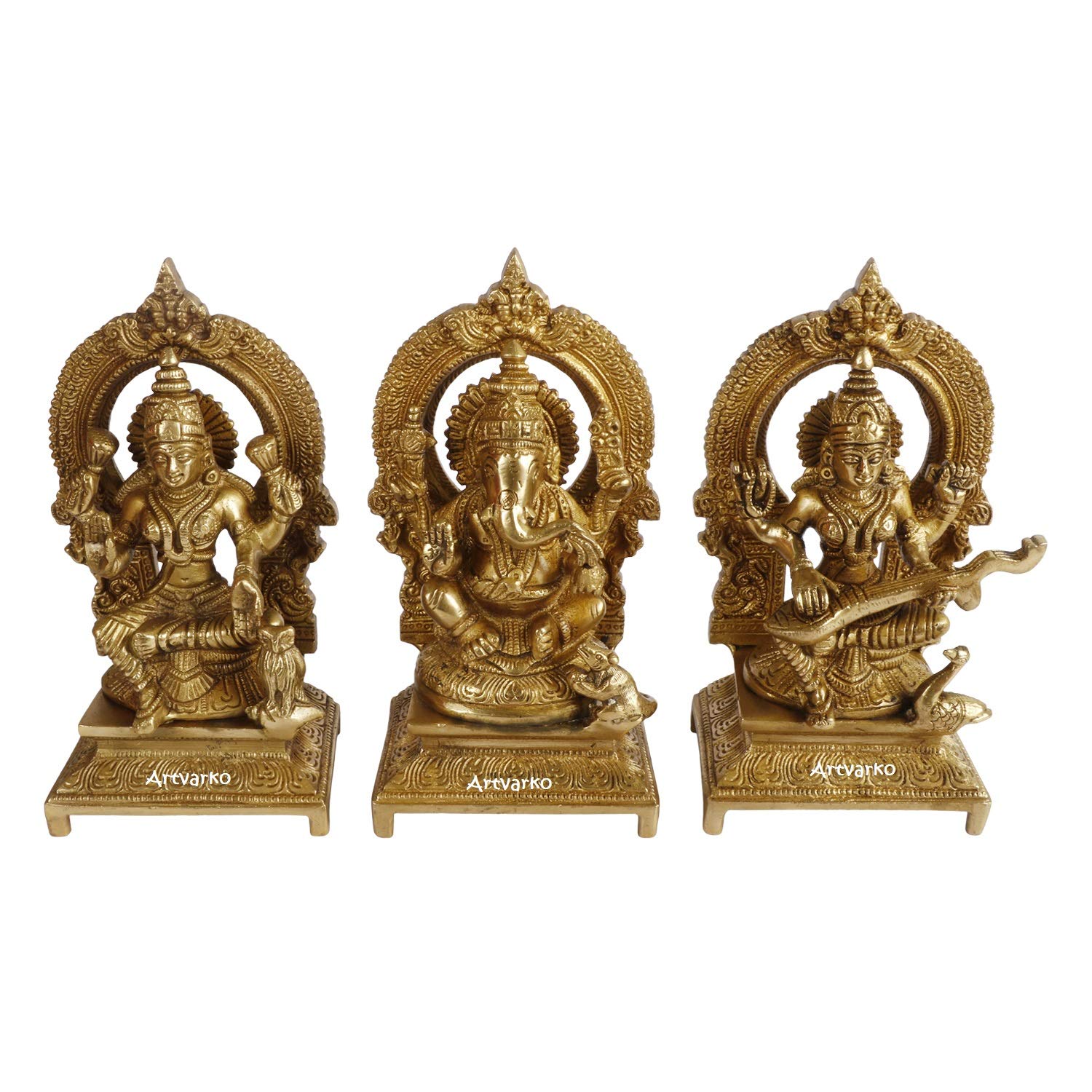 ARTVARKO Lakshmi Ganesha Saraswati, Set of 3 Lord Statues Brass Lakshmi (Laxmi), Ganesha, Saraswati, Handmade Idol 7 Inches