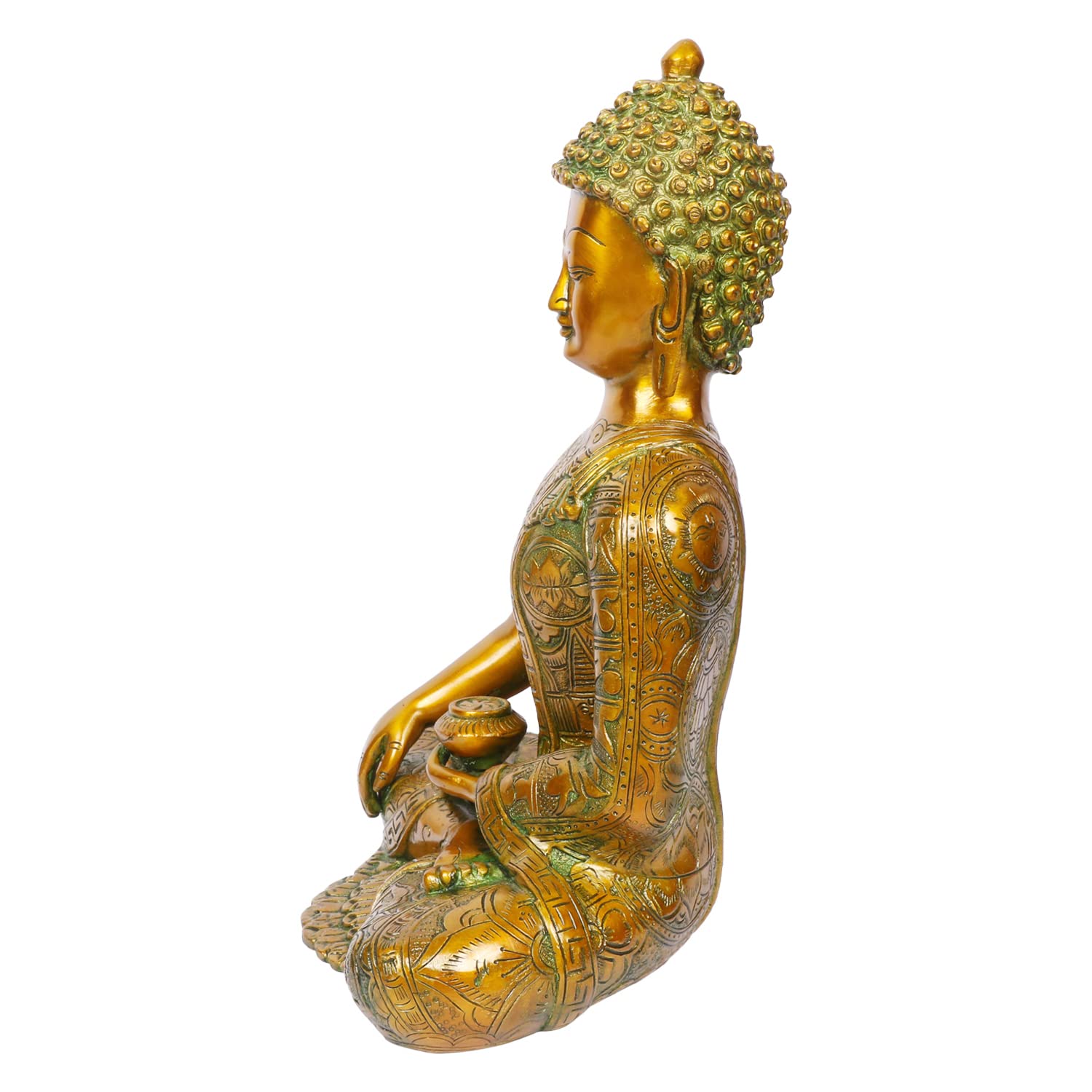 Svarup Brass Buddha Idol in Bhumisparsha Mudra Statue Tibetan Buddhist Décor Height 12 Inch Weight 6 Kg Color Golden Green